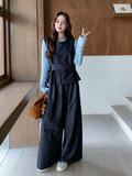深蓝色复古高级感马甲套装女秋季2025新款气质休闲阔腿裤三件套，女装套装/套裙，2D034