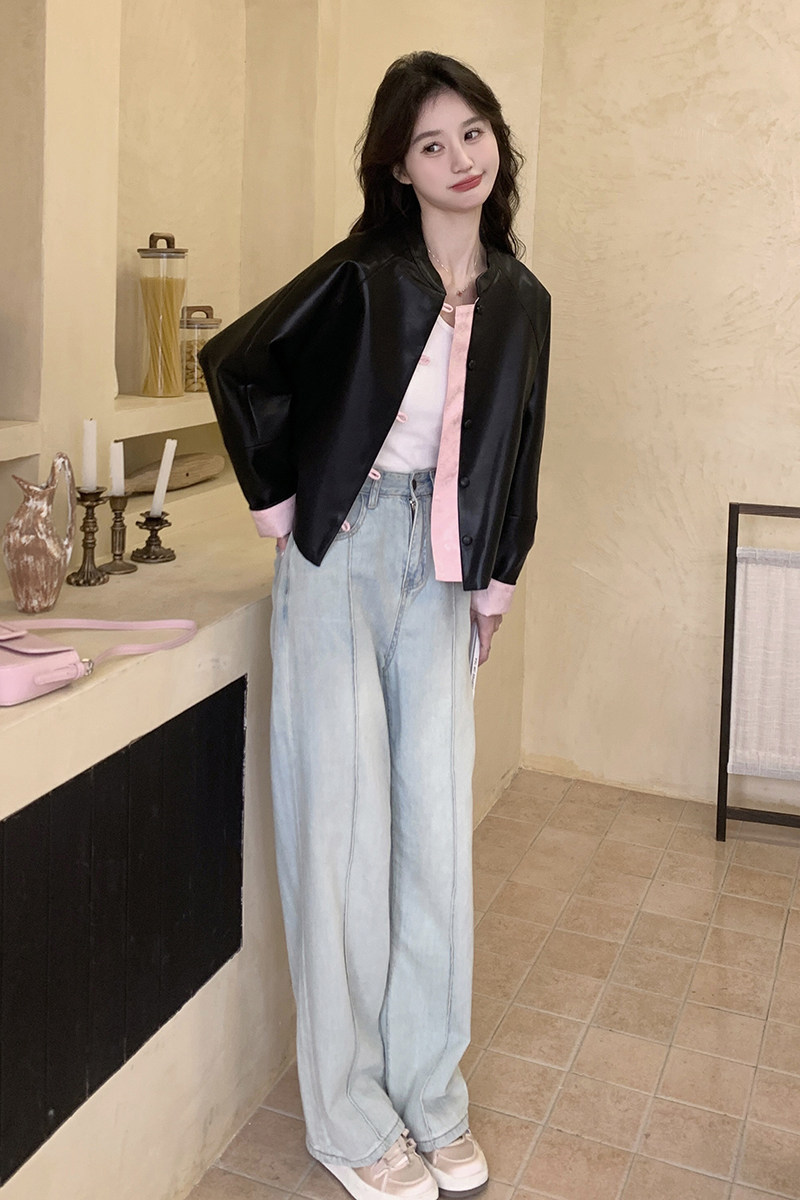 粉色拼接立领新中式皮衣外套女春秋2025新款风洋气时髦pu皮夹克,女装短外套,2C088