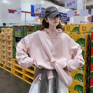 减龄粉色连帽卫衣外套女2025春秋季新款闲韩系慵懒风休闲开衫上衣图片
