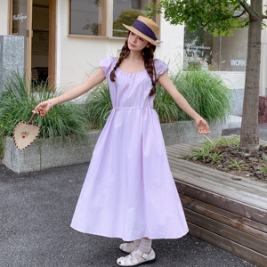 浅紫色温柔甜美气质泡泡袖连衣裙女夏季新款浪漫露背收腰显瘦长裙图片