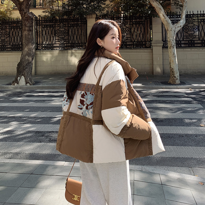 重工刺绣面包服咖色文艺复古拼接保暖冬外套90绒2257P295控458,女装羽绒服,2C166