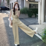 盐系工装翻领马甲阔腿裤套装女2025夏季新款韩版休闲小个子两件套，女装套装/套裙，2C212