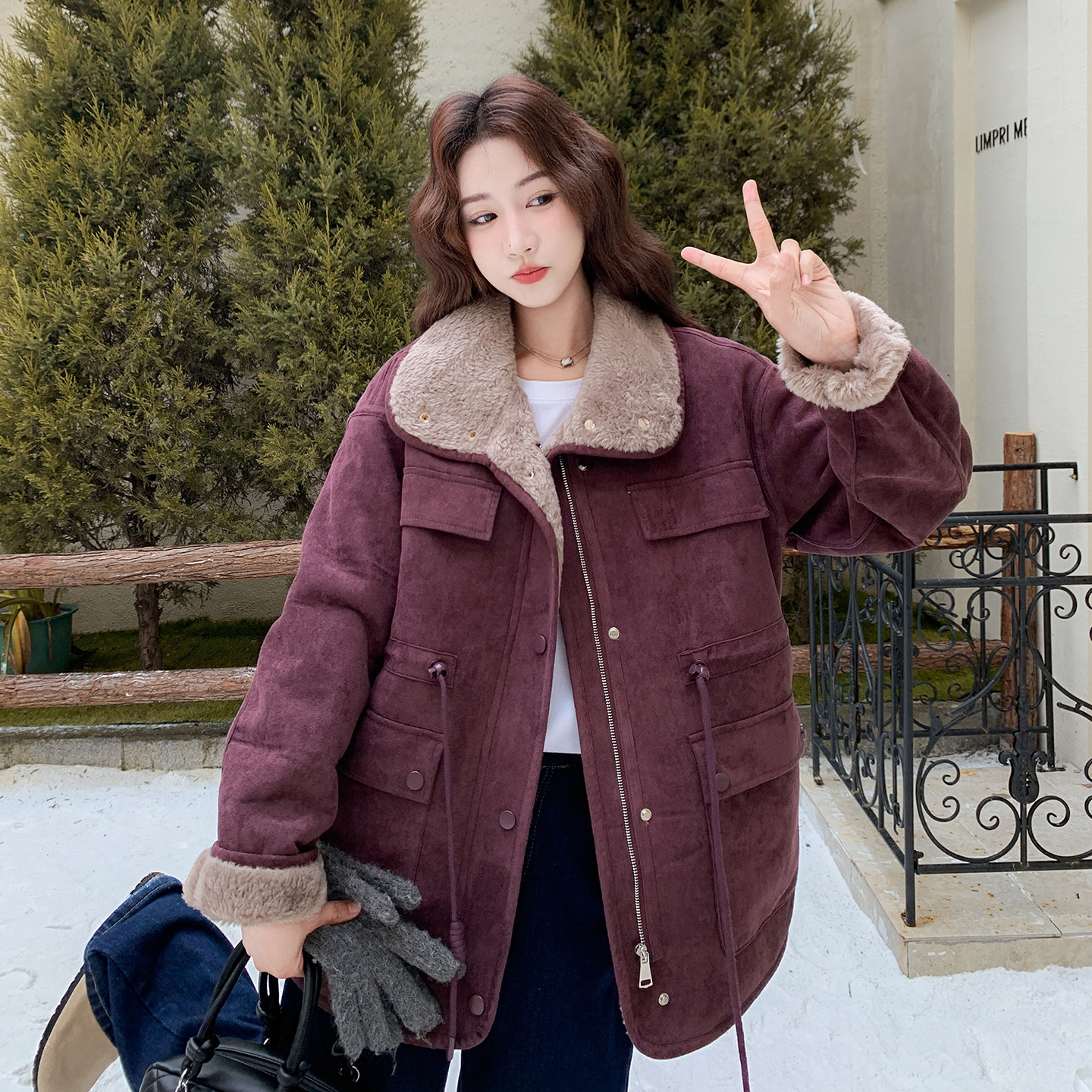 紫色温柔风两面穿皮毛一体羊羔毛外套女2025新款高级气质减龄棉服,女装皮草,2C306