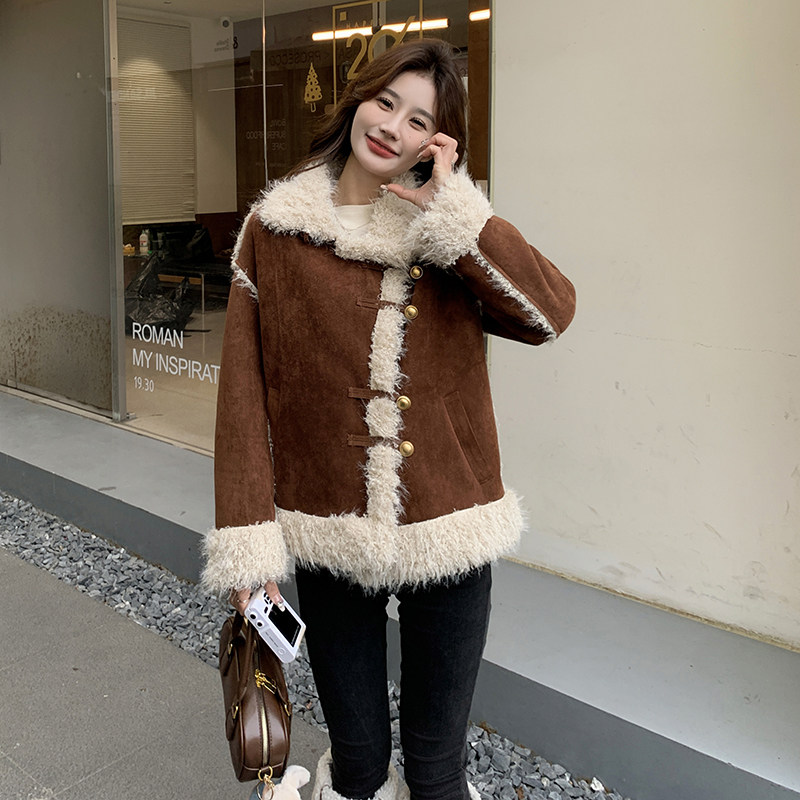 羊羔毛外套女毛茸茸皮毛一体咖色机车服冬季保暖棉服3098P195K298,女装棉衣/棉服,2C166