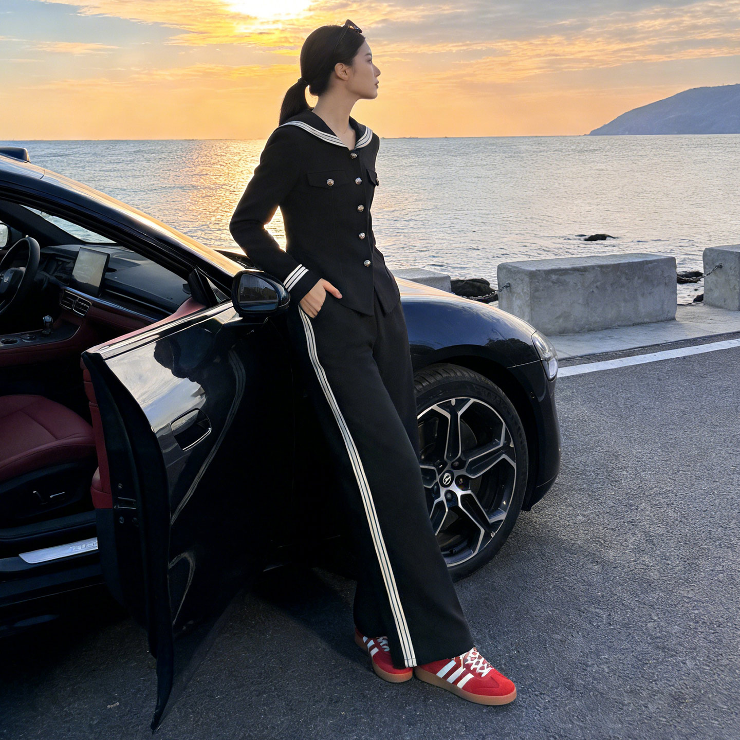 设计感时尚气质简约套装女春季新款海军领修身长袖阔腿长裤两件套,女装套装/套裙,2C310