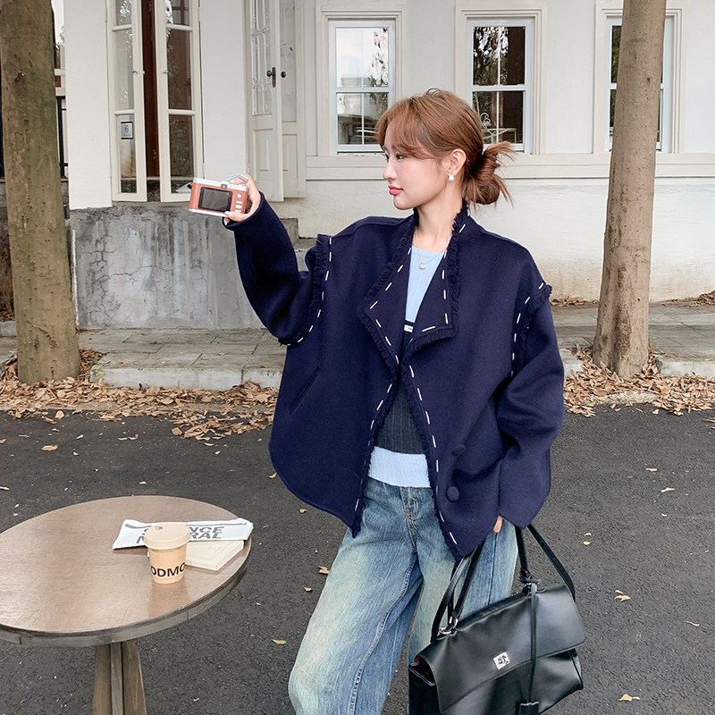 藏青色流苏双面呢羊毛外套女冬季2025新款小个子独特漂亮流行大衣,女装毛呢外套,1D066-1