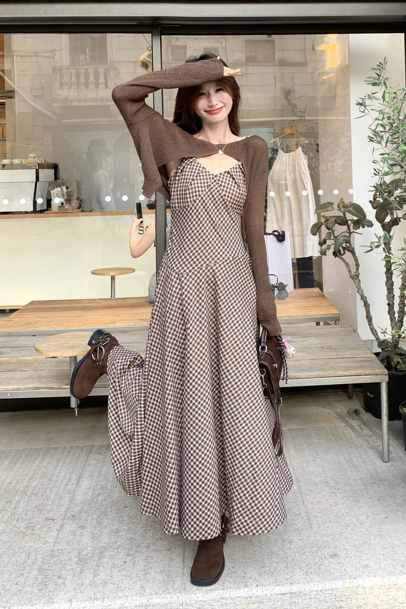 法式复古设计感格子裙女春秋小香风开衫连衣裙文艺气质叠穿两件套,女装连衣裙,2C166
