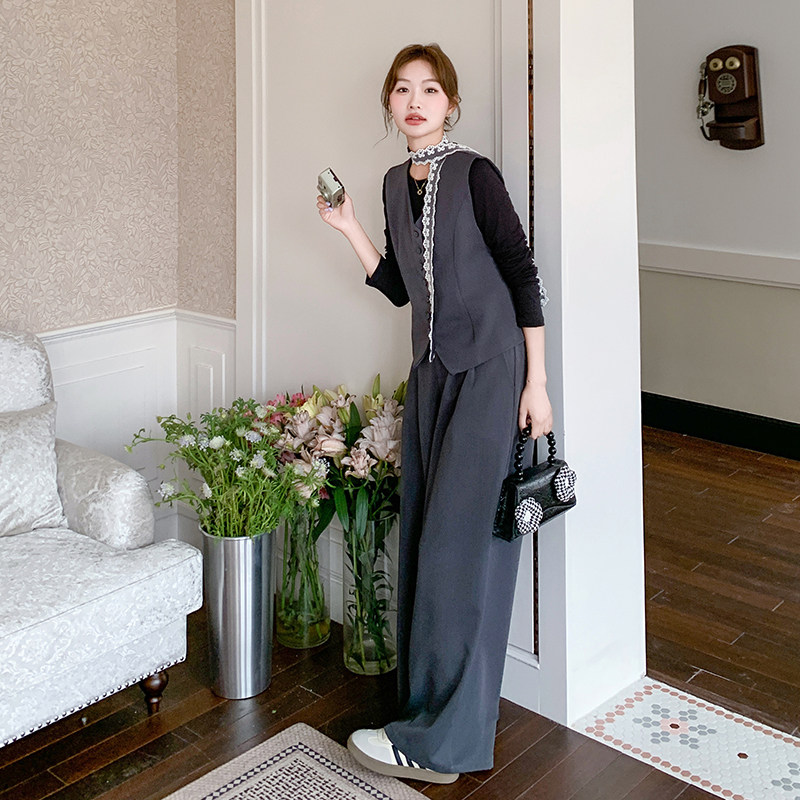 灰色韩系气质一整套西装套装女2025秋季新款高腰阔腿休闲裤三件套,女装套装/套裙,2D078