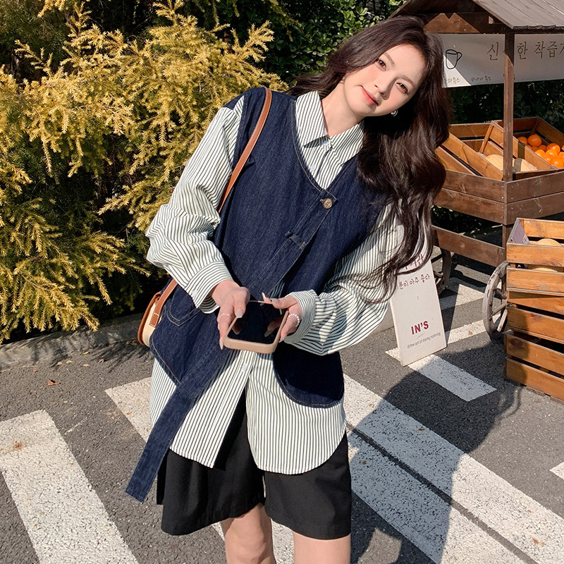条纹拼接假两件牛仔衬衫外套女春秋2025新款美式复古超好看超火,女装衬衫,2C092