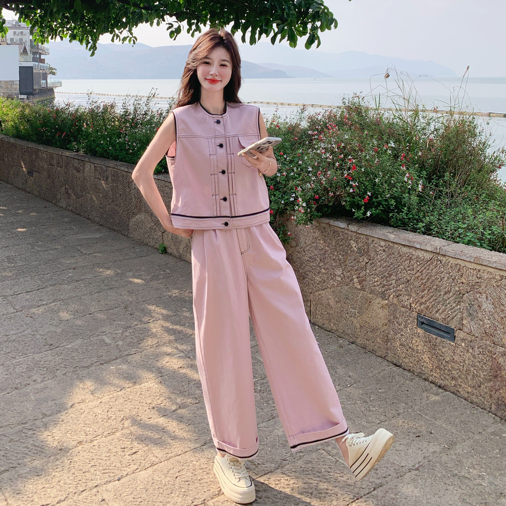 主推！2件套！2025年夏粉色时尚套装牛仔马甲+阔腿裤P175K248,女装套装/套裙,2C320