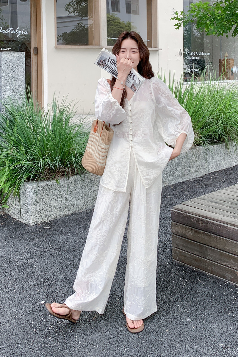 销量2000+复古中袖上衣+长裤两件套2C275-5568-P175-K248,女装套装/套裙,2C275