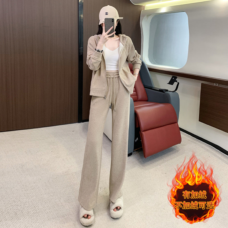 女秋冬季新款连帽开衫卫衣阔腿裤套装图片
