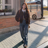 棕色外套女秋季2025新款韩系慵懒风复古小个子灯绒芯宽松夹克上衣，女装短外套，2C166