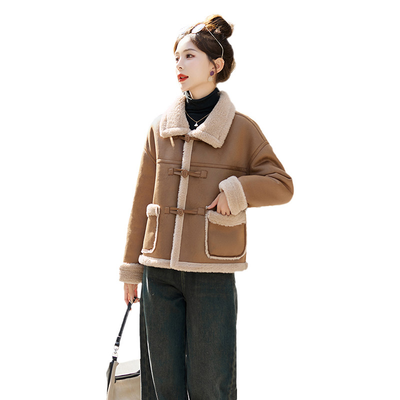 立领机车服羊羔毛外套2025冬季新款美拉德羊羔绒牛角扣，女装皮草，自然秀,女装皮草,自然秀