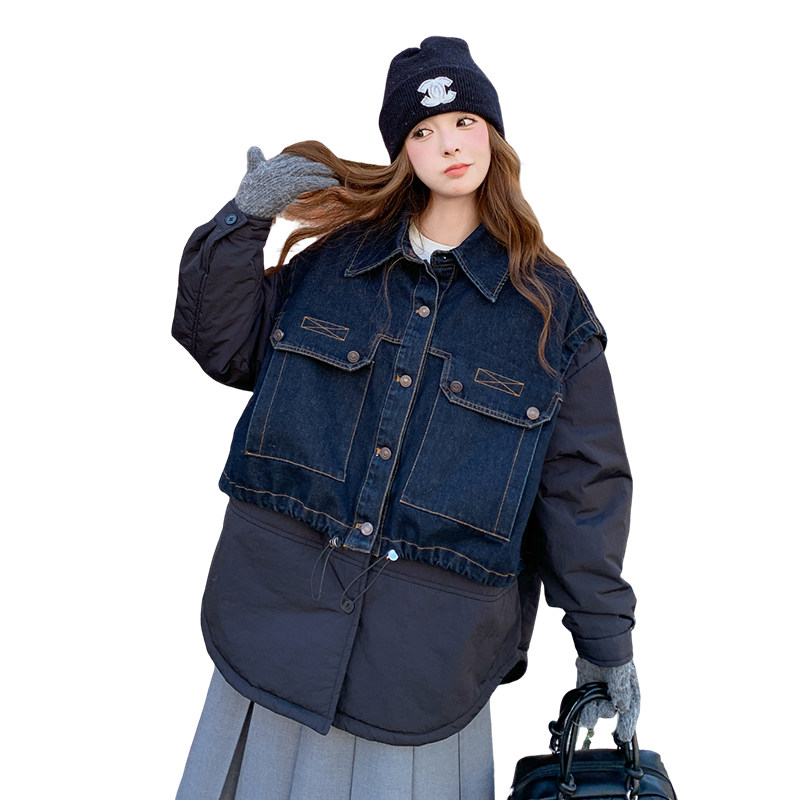 牛仔拼接假两件棉服外套女2025冬季新款美式复古宽松中长款大衣潮图片