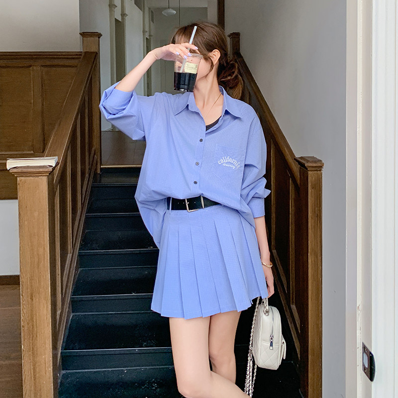 蓝色学院风衬衫套装裙女2025夏季新款韩版小个子背心百褶裙三件套,女装套装/套裙,2D109