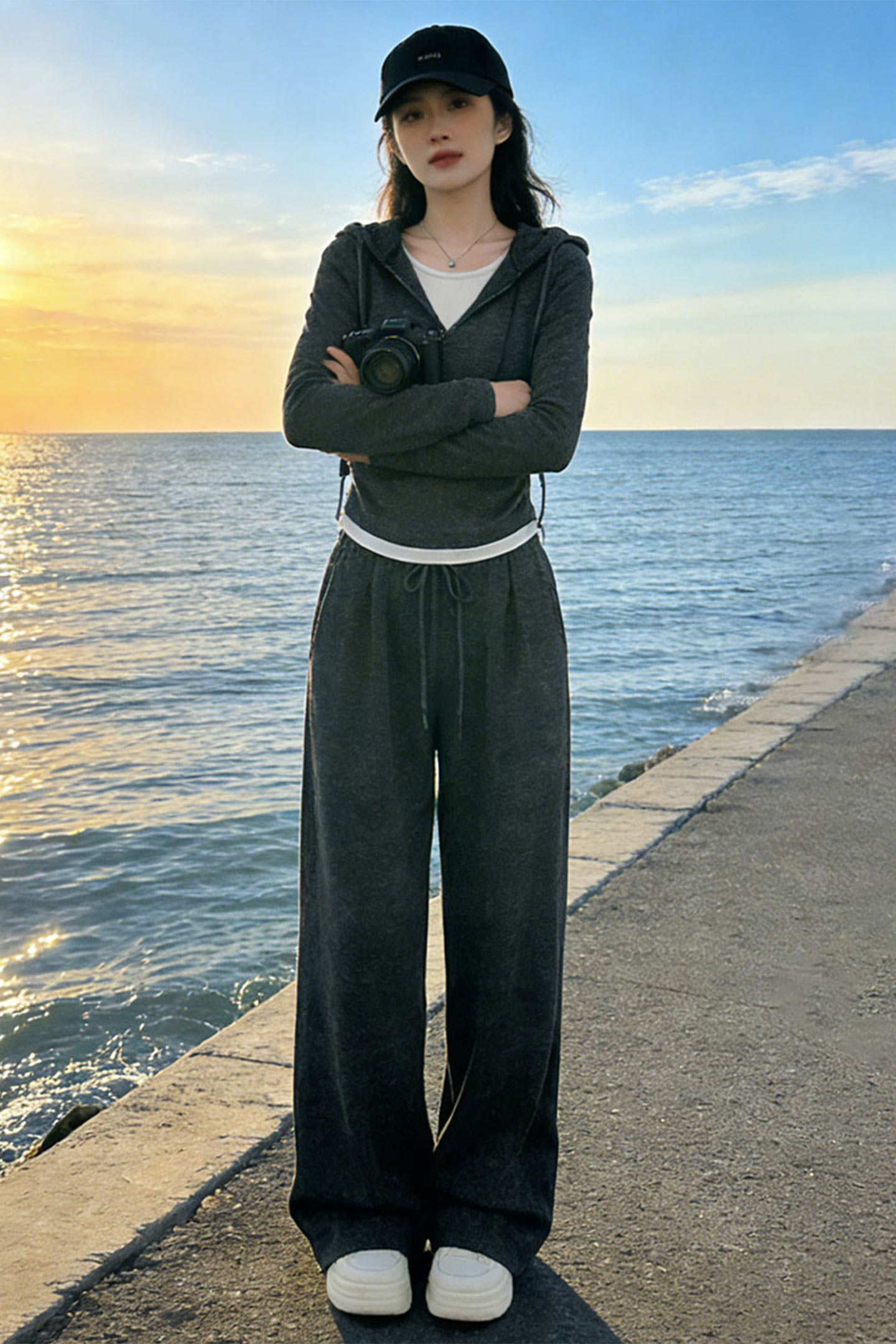 女春季新款韩版气质设计感拼接假两件连帽长袖上衣直筒长裤两件套,女装套装/套裙,2C310