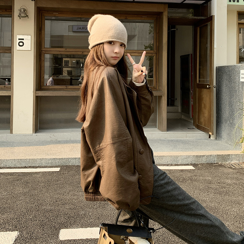 咖色皮衣外套女春秋2026新款高级感小个子宽松机车皮夹克潮,女装皮衣,2C166