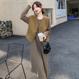 chic韩系穿搭麂皮绒马甲配条纹T恤连衣裙2025春夏超好看长裙套装，女装套装/套裙，2C166