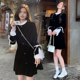 新款现货！高端温柔精致时尚气质圆领复古拼色丝绒连衣裙，女装连衣裙，先锋丽姿