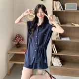 藏青色衬衫短裤套装女夏2025新款盐系轻熟ootd流行巨好看两件套，女装套装/套裙，2C215