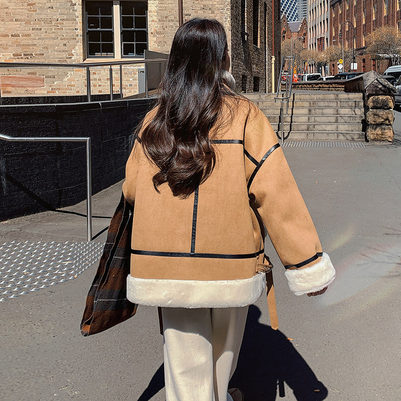 美式麂皮绒皮毛一体加绒外套女2025冬季新款咖色立领夹克机车服,女装皮草,2D008