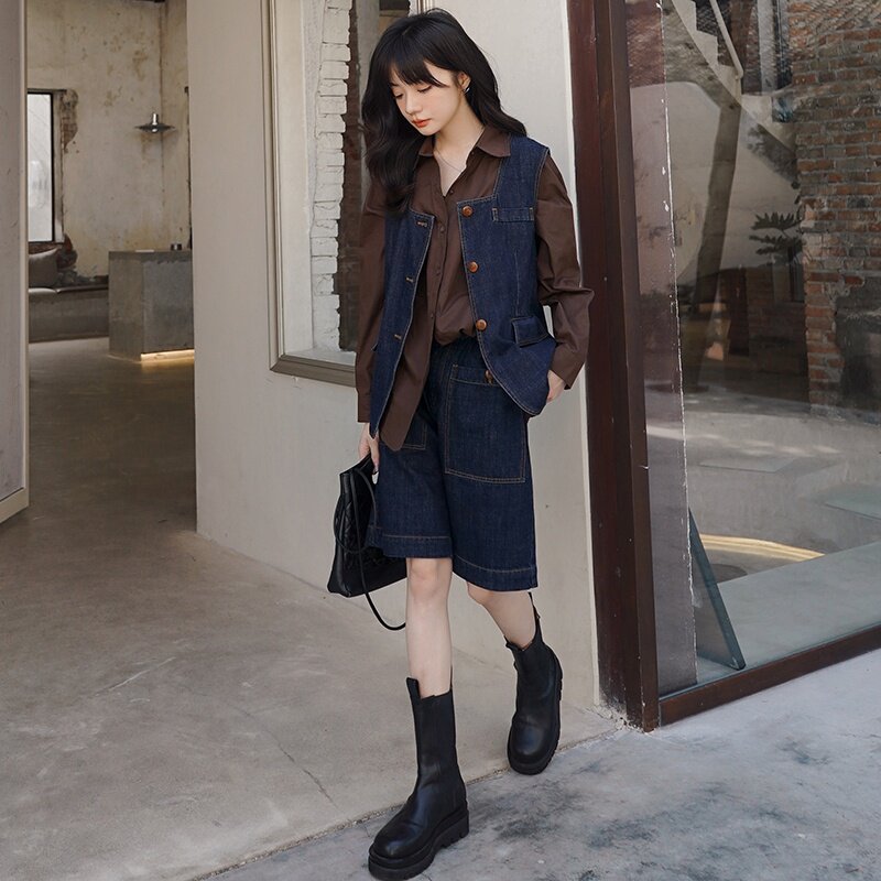 高级感牛仔套装女2025夏季新款酷盐系马甲上衣短裤小个子两件套潮,女装套装/套裙,2C028
