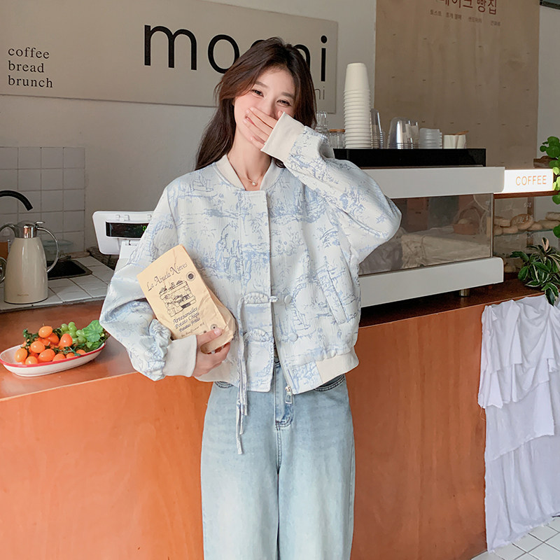 蓝色新中式水墨风棒球服外套女2025秋季新款国风设计感小个子夹克,女装短外套,2C117