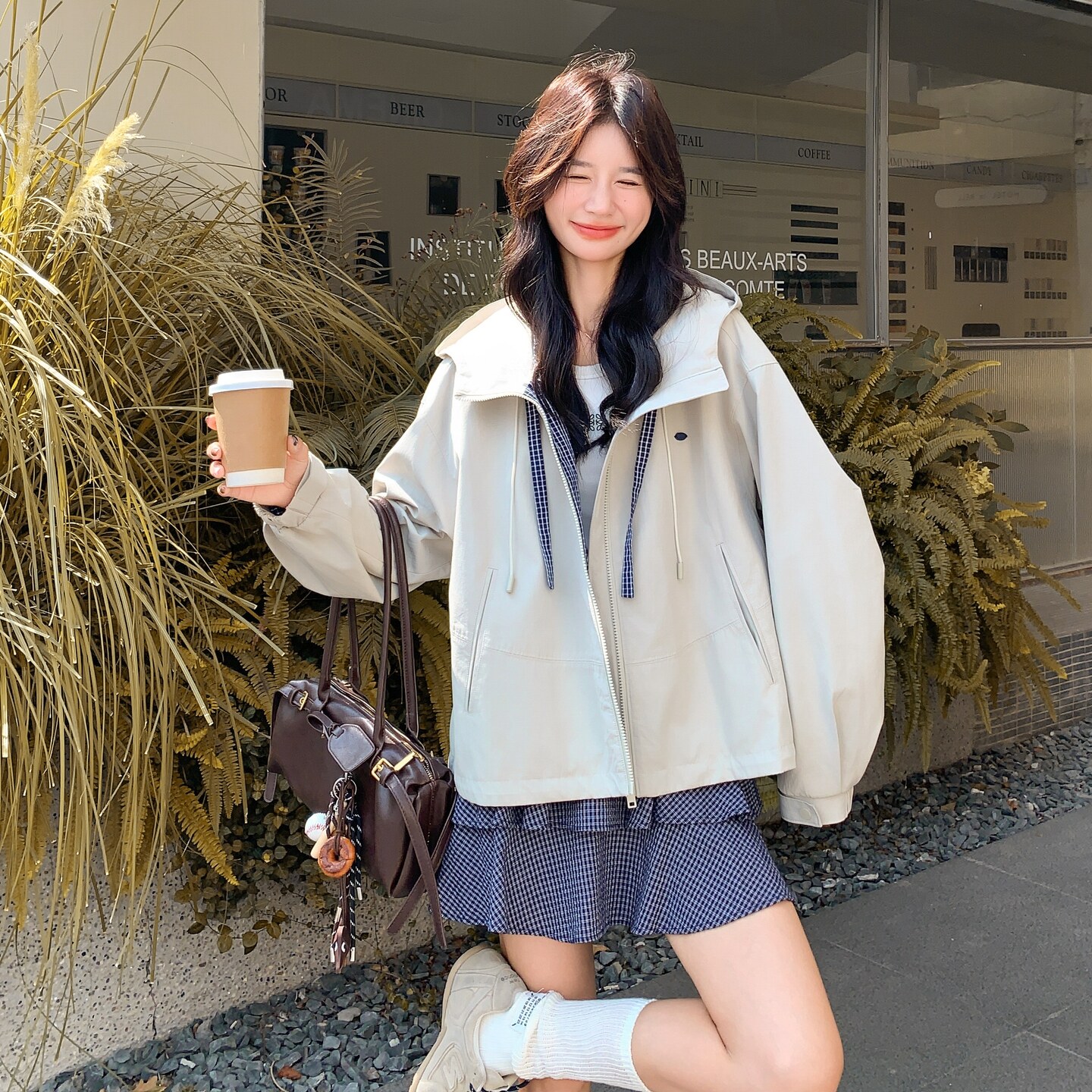 设计感格纹连帽抽绳短外套女2025年秋季新款甜酷气质工装休闲夹克,女装短外套,2C166