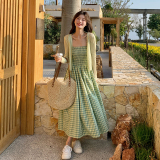 绿色甜妹绝美针织开衫格子吊带长裙女夏新款森系别致两件套连衣裙，女装连衣裙，2C166