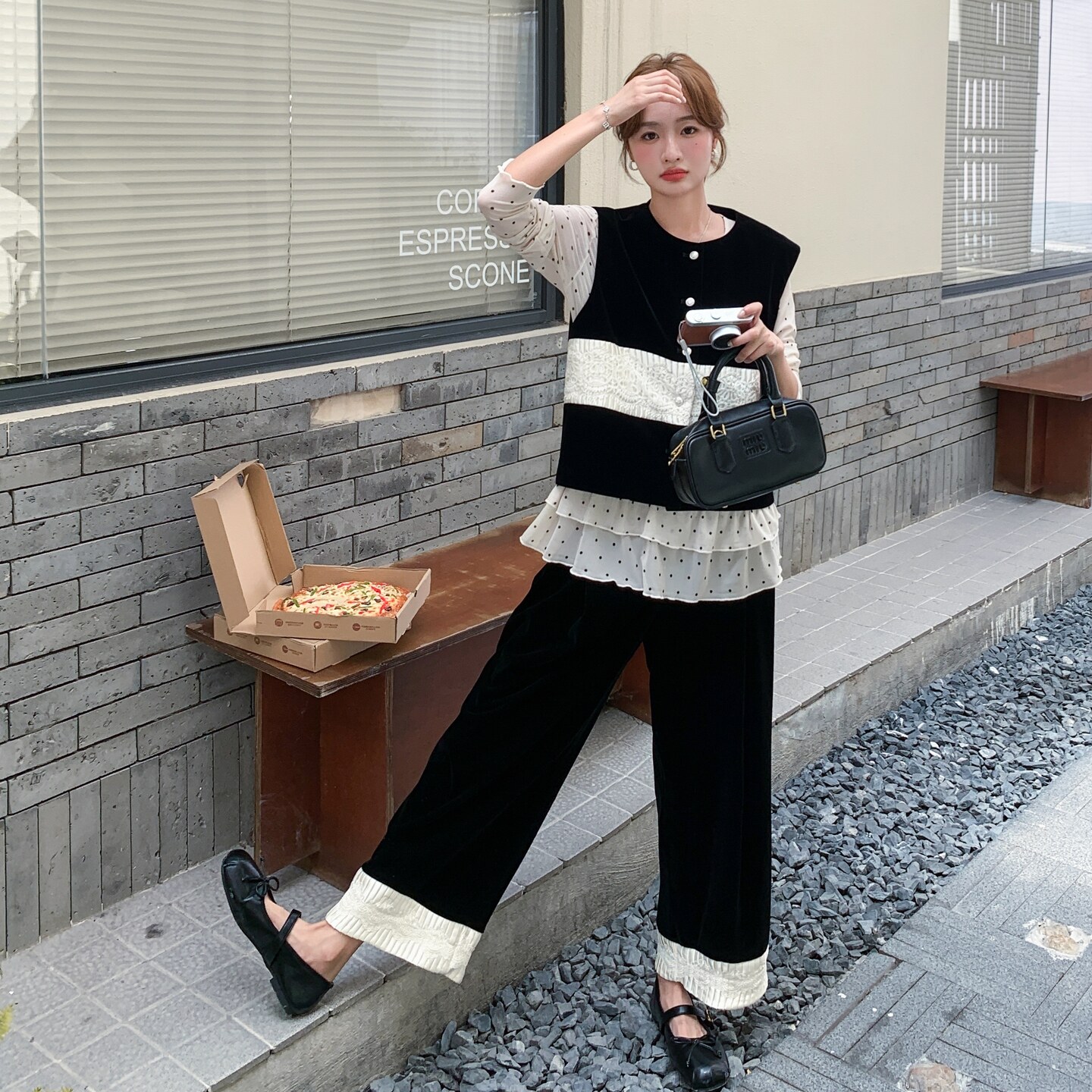 新款波点荷叶边T恤丝绒黑白拼色三件套2C119-6197-P215-K318,女装套装/套裙,2C119