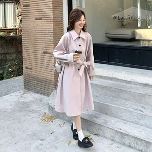 条纹拼接粉色收腰风衣外套女春秋2025新款中长款流行气质大衣爆款图片