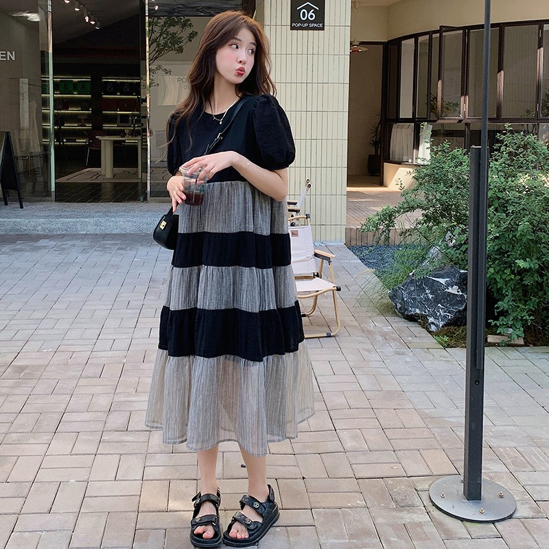 现货主推宽松休闲拼接撞色条纹连衣裙2C029,女装连衣裙,2C029