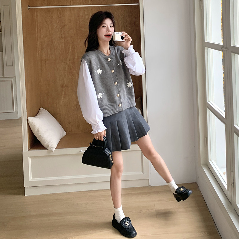 少女感2025春秋新款立体花朵针织马甲长袖圆领衬衫法式高级两件套,女装套装/套裙,2C166