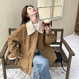 美式复古麂皮绒翻领羽绒服外套女拼接设计感90白鸭绒保暖加厚夹克，女装羽绒服，2C166