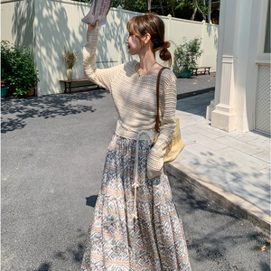 复古波西米亚风套装女2025春夏新款气质镂空罩衫印花半身裙两件套图片