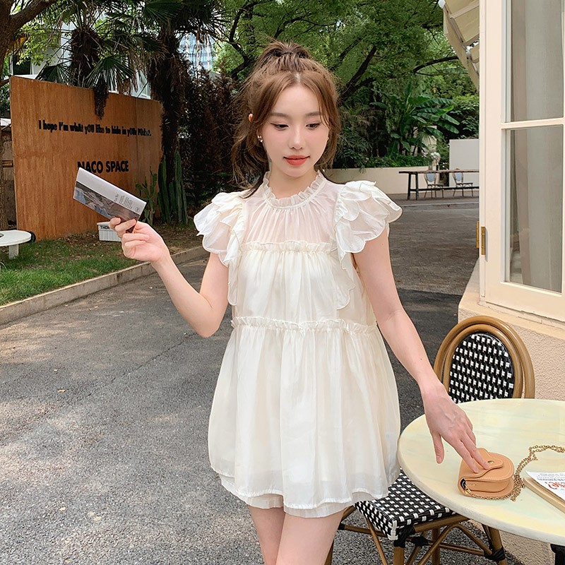 甜美法式飞飞袖短裤两件套女夏季网红炸街爆款小个子减龄天丝套装图片