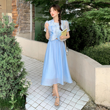 新中式国风盘扣印花上衣套装女2025夏季新款显瘦a字半身裙两件套，女装套装/套裙，2D148