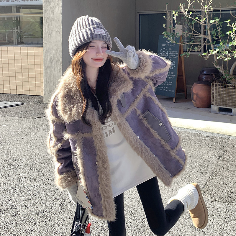 高级感紫色皮毛一体羊羔毛外套女冬2024新款甜酷风加厚麂皮绒上衣,女装棉衣/棉服,2C203