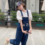 国风刺绣印花牛仔背带裤女2025夏季新款韩版宽松显瘦减龄阔腿长裤，女装牛仔裤，2D148