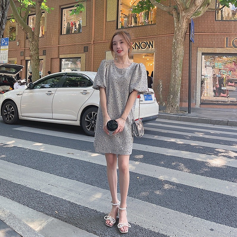 现货新款高级感重工工艺亮片泡泡袖T恤裙2328P110K168,女装连衣裙,2C029