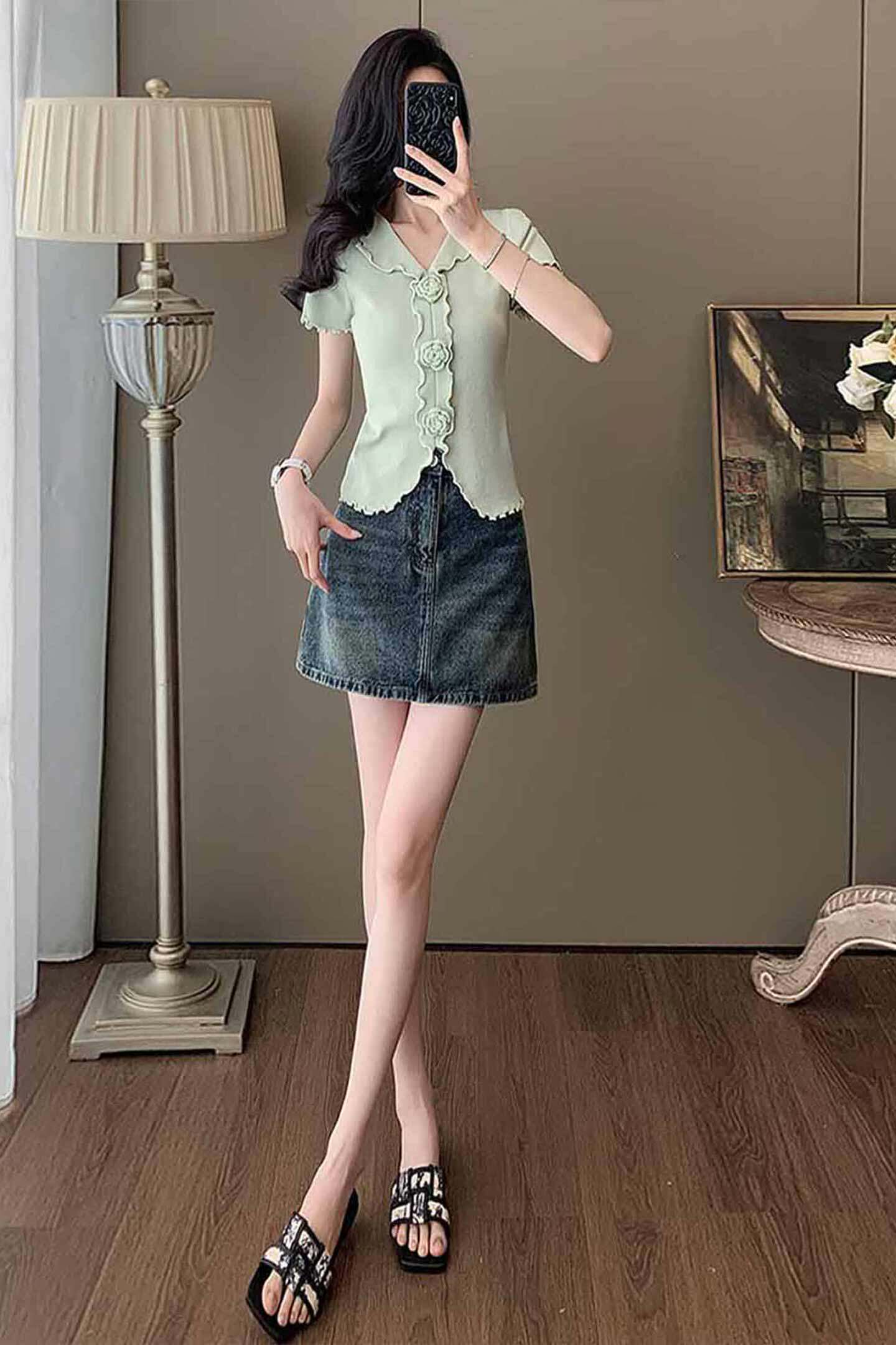 设计感时尚套装女夏季新款修身显瘦立体花朵短袖蓝色牛仔裙两件套,女装套装/套裙,2C310