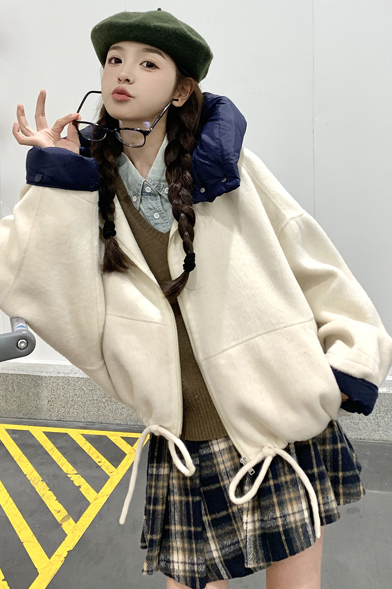 撞色拼接款毛呢外套2024冬季新款韩版宽松小个子可脱卸帽呢子上衣,女装短外套,2C088