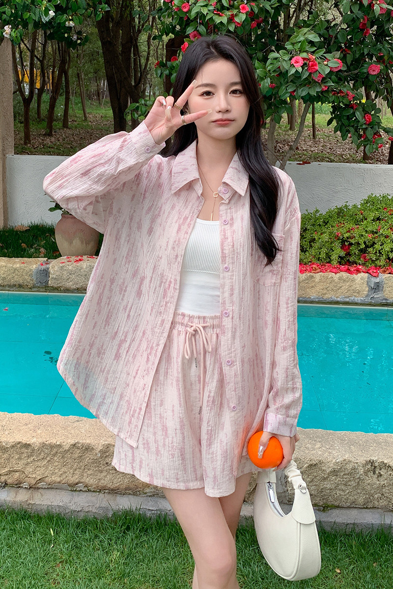 韩版防晒衬衫短裤套装女2025夏季新款休闲宽松显瘦上衣裤子两件套,女装套装/套裙,2C088