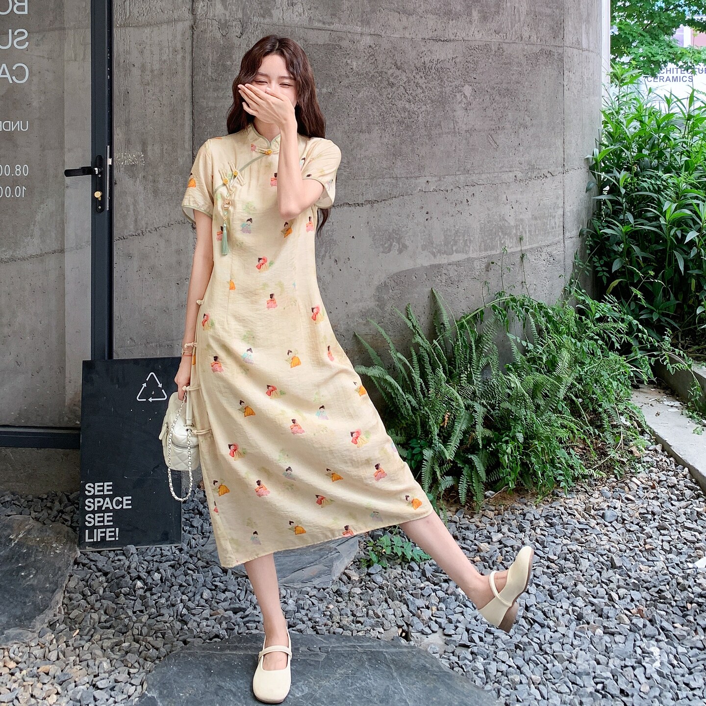 新中式国风印花连衣裙女夏季2025新款时尚设计感盘扣改良旗袍长裙,女装连衣裙,2C320