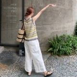 松紧腰木耳边拼接休闲阔腿裤女夏2025新款宽松显瘦棉麻直筒九分裤，女装套装/套裙，2C135
