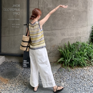松紧腰木耳边拼接休闲阔腿裤女夏2025新款宽松显瘦棉麻直筒九分裤图片