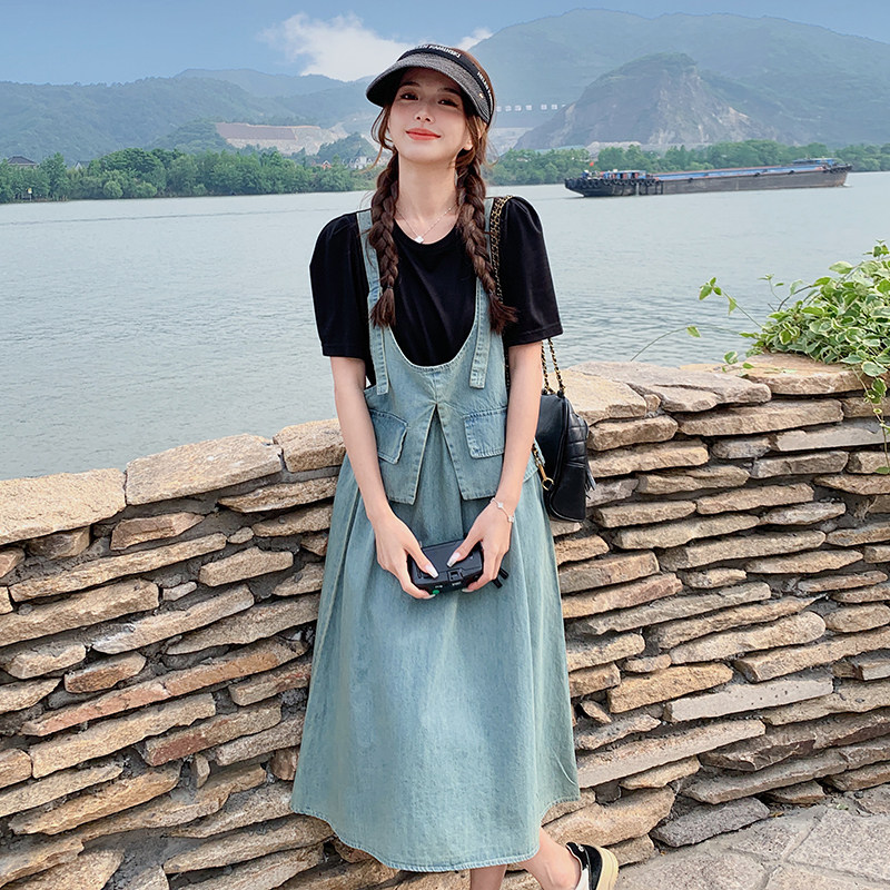 学院风假两件牛仔连衣裙女夏休闲宽松短袖设计感小众小个子背带裙,女装连衣裙,2C075