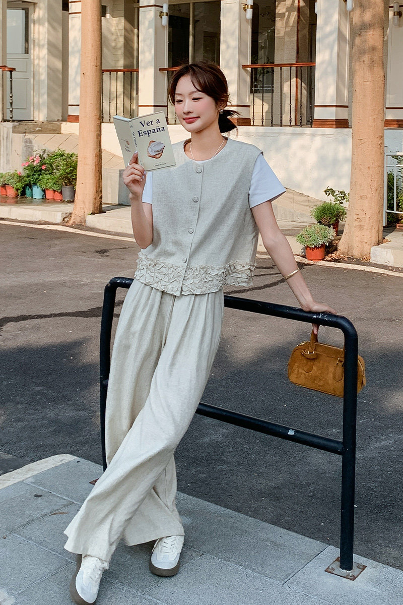棉麻马甲阔腿裤套装女夏2025新款超火大方得体穿搭又酷又飒两件套,女装套装/套裙,2C015