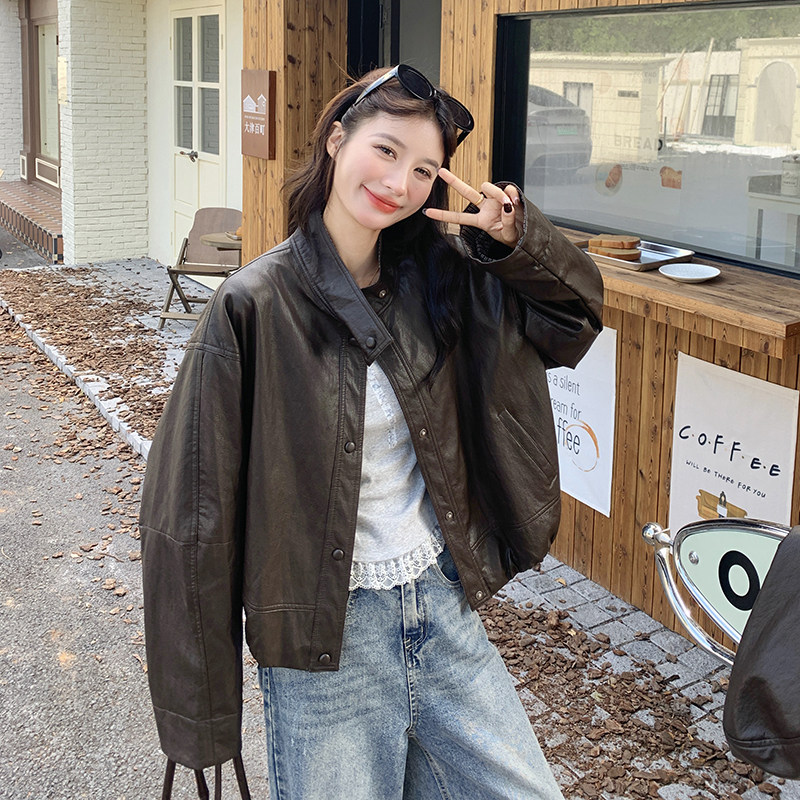 咖绿色美拉德穿搭格子连帽皮衣外套女2025秋季新款小个子pu皮夹克,女装皮衣,2C092
